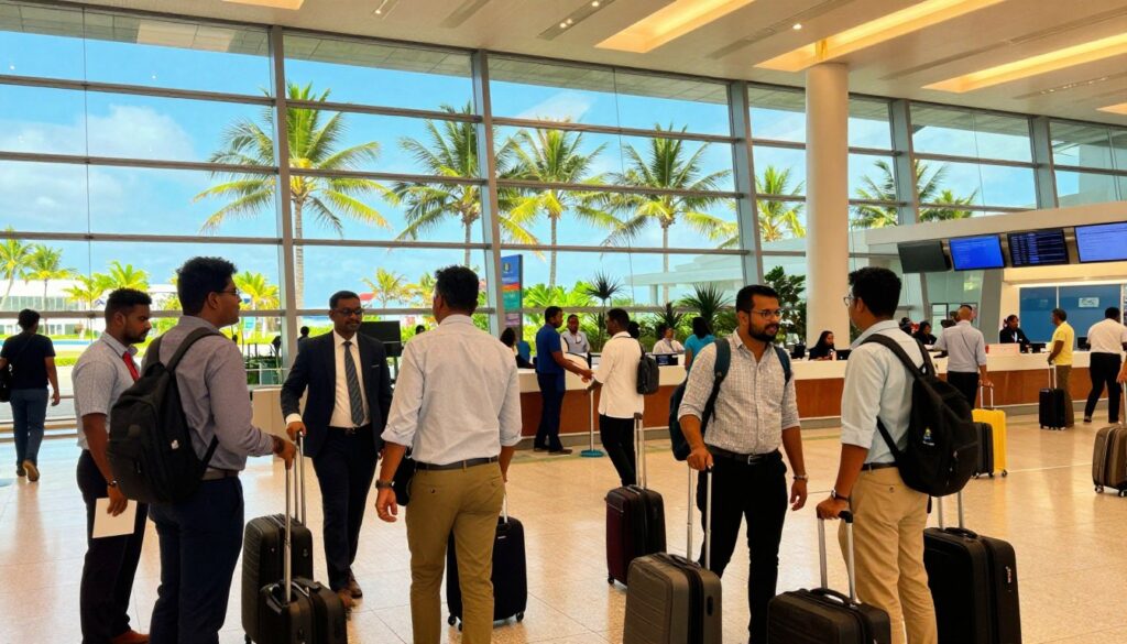 A vibrant airport scene in Male, Maldives, depicting travelers arriving at the terminal. In the foreground, a diverse group of individuals in professional business attire and modest casual clothing, carrying luggage, are interacting as they navigate the bustling arrivals area. The middle ground features welcoming airport personnel assisting passengers, with information desks and digital flight displays visible. In the background, large glass windows showcase the bright blue sky and palm trees swaying gently, hinting at the tropical surroundings outside. The lighting is warm and inviting, emphasizing the lively atmosphere of an international arrival hub. Capture the excitement and anticipation of travelers stepping into a paradise, with a clear focus on friendliness and cultural warmth.