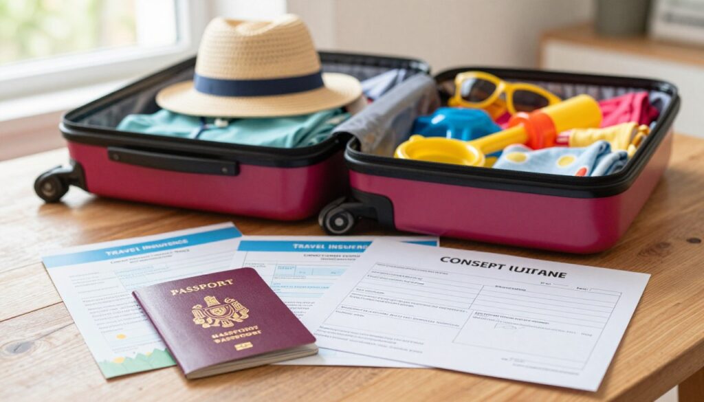 A vibrant and informative scene showcasing essential travel documents for a child preparing for a trip to Egypt. In the foreground, a neatly organized assortment of documents such as a child's passport, travel insurance, and a consent form for travel, displayed on a wooden table. In the middle ground, a colorful open suitcase filled with kids' travel gear like a sun hat, beach toys, and clothes, emphasizing a sense of adventure. In the background, soft natural light streams through a window, creating a warm and inviting atmosphere. The image should convey an organized and responsible approach to family travel, with a focus on preparation and care for children's needs. Aim for a clear, detailed composition with a focus on the documents and travel essentials in a homey setting. A vibrant and informative scene showcasing essential travel documents for a child preparing for a trip to Egypt. In the foreground, a neatly organized assortment of documents such as a child's passport, travel insurance, and a consent form for travel, displayed on a wooden table. In the middle ground, a colorful open suitcase filled with kids' travel gear like a sun hat, beach toys, and clothes, emphasizing a sense of adventure. In the background, soft natural light streams through a window, creating a warm and inviting atmosphere. The image should convey an organized and responsible approach to family travel, with a focus on preparation and care for children's needs. Aim for a clear, detailed composition with a focus on the documents and travel essentials in a homey setting.