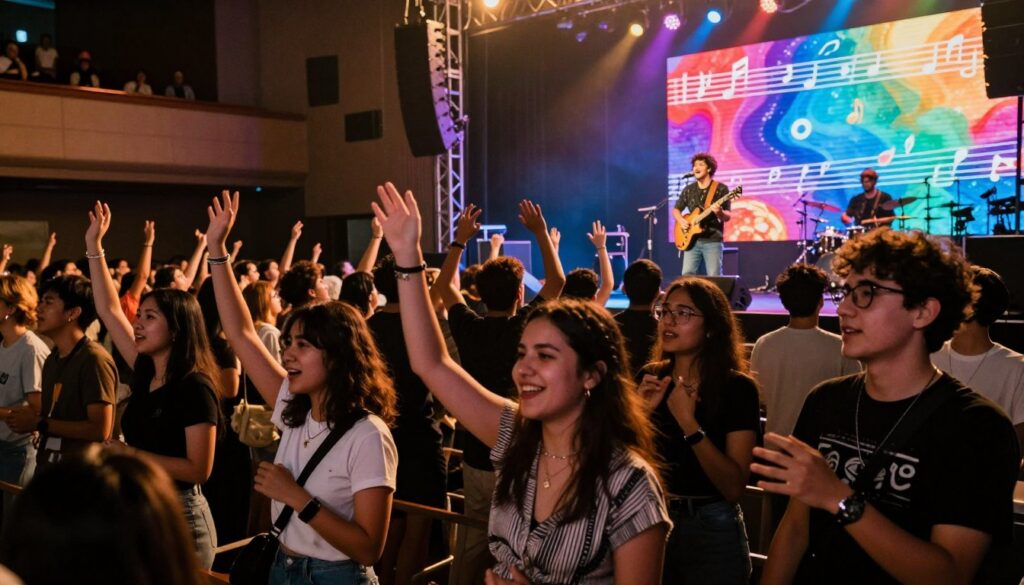 A vibrant concert scene showcasing Palion's music repertoire, set in a packed auditorium with enthusiastic fans. In the foreground, a diverse group of audience members, including young adults dressed in stylish, casual concert attire, are swaying to the rhythm, illuminated by colorful stage lights. In the middle, Palion, an energetic artist with a guitar, performs with passion on a dynamic stage decorated with vibrant LED screens displaying musical notes and visuals that reflect the genre's themes. In the background, the full house is immersed in the atmosphere, with hands raised and expressions of joy. The lighting is warm and inviting, creating a lively and engaging concert ambiance. The angle captures the essence of a live music experience, emphasizing the excitement and connection between the artist and the audience.
