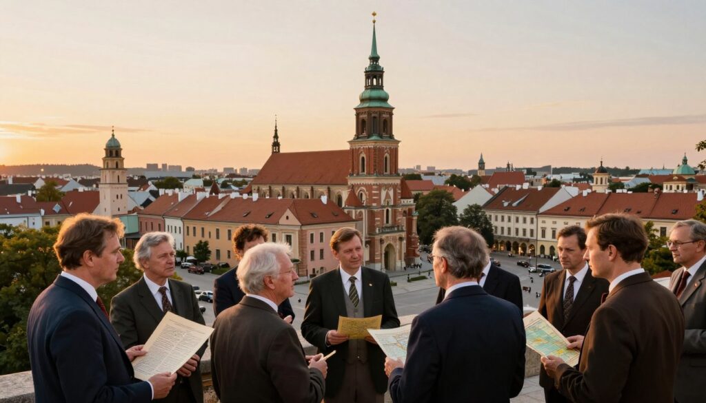 A vibrant historical scene depicting significant events in the history of Radom, Poland. In the foreground, a diverse group of well-dressed individuals engaged in lively discussions, some holding historical documents and maps, symbolizing the city's rich past. In the middle ground, iconic landmarks such as the Radom Cathedral and old town square, beautifully detailed, showcasing elements of historical architecture. The background features a soft-focus skyline of Radom during sunset, with warm, golden lighting that casts a nostalgic glow, creating a serene atmosphere. The composition is captured from a slightly elevated angle, emphasizing the interconnectedness of people and history. Overall, the mood is reflective and celebratory, drawing viewers into the historical narrative of the city. A vibrant historical scene depicting significant events in the history of Radom, Poland. In the foreground, a diverse group of well-dressed individuals engaged in lively discussions, some holding historical documents and maps, symbolizing the city's rich past. In the middle ground, iconic landmarks such as the Radom Cathedral and old town square, beautifully detailed, showcasing elements of historical architecture. The background features a soft-focus skyline of Radom during sunset, with warm, golden lighting that casts a nostalgic glow, creating a serene atmosphere. The composition is captured from a slightly elevated angle, emphasizing the interconnectedness of people and history. Overall, the mood is reflective and celebratory, drawing viewers into the historical narrative of the city.