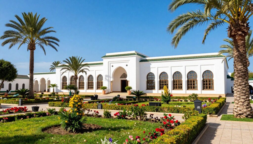 A vibrant scene of Djerba Explore Park and the Museum Lalla Hadria, showcasing a sunny day in this cultural attraction. In the foreground, a beautifully landscaped garden filled with palm trees, colorful flowers, and traditional Tunisian architecture invites visitors to explore. The middle ground features the museum's exterior, characterized by its stunning arched windows and distinctive white walls, reflecting the local architectural style. In the background, the bright blue sky enhances the cheerful atmosphere, suggesting a warm and welcoming climate. Soft sunlight casts gentle shadows, creating depth and interest. The overall mood is one of tranquility and cultural richness, inviting viewers to appreciate the unique heritage of Djerba Island. The composition is shot from a slightly elevated angle to capture the layout and beauty of the entire park.