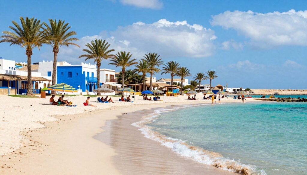 A vibrant scene of Djerba island during the ideal holiday season, showcasing its stunning beaches and palm trees. In the foreground, soft white sand gently curves along the shore, with peaceful turquoise waves lapping at the coastline. In the middle ground, local families and tourists relax under colorful beach umbrellas, wearing comfortable summer attire. Nearby, a picturesque traditional Djerbian architecture can be seen, adorned with bright blue and white colors, typical of the island. In the background, clear blue skies filled with soft, fluffy clouds create an inviting atmosphere, hinting at warm, sunny weather. The lighting is bright and cheerful, capturing the essence of a perfect vacation day. Use a wide-angle lens to emphasize the natural beauty and serenity of this tropical paradise.