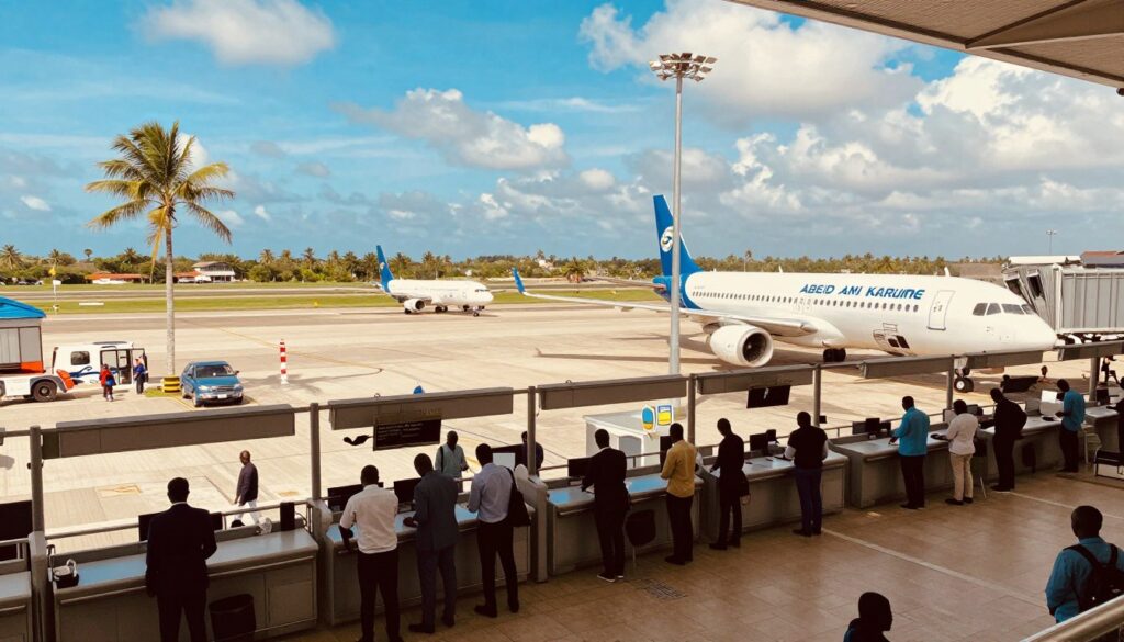 A vibrant scene of Zanzibar's Abeid Amani Karume International Airport, viewed from an elevated perspective. In the foreground, a busy airport terminal with travelers in professional business attire and modest casual clothing, eagerly checking in at the counters. The middle ground features several airplanes on the tarmac, their colors reflecting the blue sky above. In the background, lush palm trees sway gently in the tropical breeze, framed by clear azure skies and scattered fluffy clouds. The warm sunlight casts soft shadows, creating a welcoming and lively atmosphere that captures the excitement of arrival. The composition is shot with a wide-angle lens to emphasize the airport's bustling environment, inviting readers to envision their journey ahead.