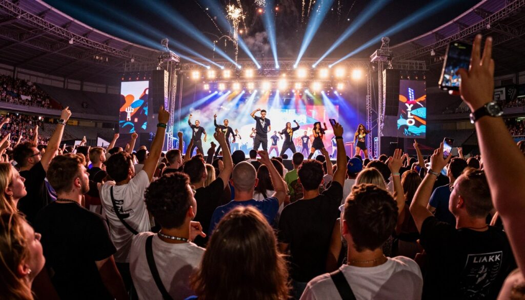 A vibrant scene of a rap concert at PGE Narodowy, Poland, showcasing a packed stadium filled with enthusiastic fans. In the foreground, a diverse group of people of various ethnicities, dressed in casual attire, are passionately enjoying the performance, with some holding phones to capture the moment. The middle ground features a dynamic stage adorned with colorful lights and large speakers, where a rapper performs energetically, surrounded by supportive backup dancers. In the background, a nighttime sky illuminated by spotlights and fireworks adds excitement to the atmosphere. The scene is captured with a wide-angle lens, emphasizing the scale of the event, and the overall mood is electric, lively, and engaging. A vibrant scene of a rap concert at PGE Narodowy, Poland, showcasing a packed stadium filled with enthusiastic fans. In the foreground, a diverse group of people of various ethnicities, dressed in casual attire, are passionately enjoying the performance, with some holding phones to capture the moment. The middle ground features a dynamic stage adorned with colorful lights and large speakers, where a rapper performs energetically, surrounded by supportive backup dancers. In the background, a nighttime sky illuminated by spotlights and fireworks adds excitement to the atmosphere. The scene is captured with a wide-angle lens, emphasizing the scale of the event, and the overall mood is electric, lively, and engaging.