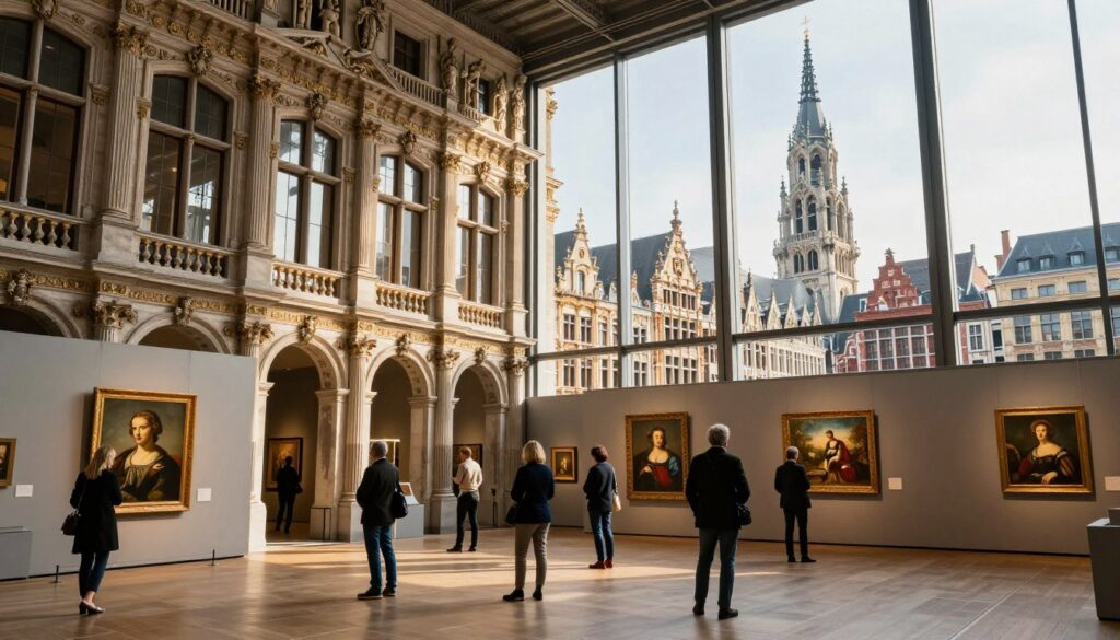 A vibrant scene showcasing the diverse art and culture museums in Antwerp, Belgium. In the foreground, capture the architectural details of the Royal Museum of Fine Arts, with its grand façade adorned with intricate sculptures and large windows. In the middle ground, feature visitors quietly admiring classic and contemporary artworks, dressed in professional attire, as sunlight filters through tall museum windows, casting warm, inviting light. The background should include the historic cityscape of Antwerp, with iconic buildings and the cathedral peeking through. Use a wide-angle lens to emphasize the museum's grandeur and the bustling atmosphere of cultural appreciation. The mood should feel inspiring and enriching, reflecting the city's artistic spirit.
