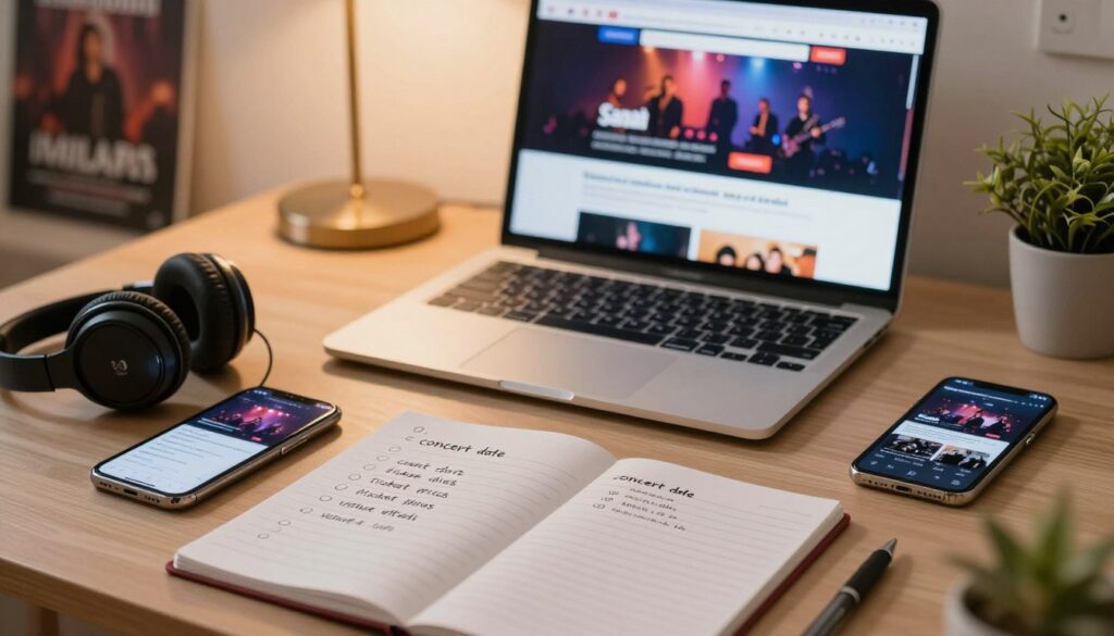 A visually engaging checklist scene set in a cozy, well-lit room, focusing on a desktop. In the foreground, a detailed checklist featuring points like "concert date," "ticket prices," and "venue details," written in neat handwriting on a notepad. Surrounding the notepad, various concert accessories like a pair of headphones, a smartphone showing concert details, and a pen. In the middle, a stylish laptop displaying the Sanah concert page, with a soft glow reflecting on the nearby items. In the background, there are warm, soft-focus elements like concert posters and a small potted plant, adding a touch of atmosphere. The lighting is warm and inviting, creating a mood of anticipation and excitement. No people are present, ensuring focus on the checklist and concert preparation.