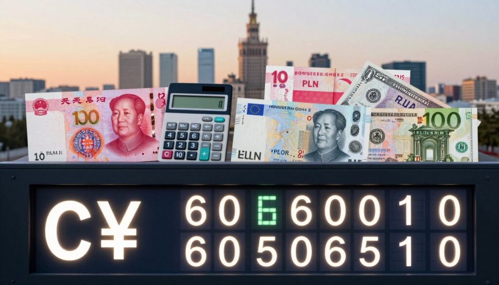 A visually engaging illustration showcasing the exchange rate of the Chinese Yuan (CNY) to Polish Zloty (PLN), Euro (EUR), and US Dollar (USD). In the foreground, a digital exchange rate board displays current values in sharp, glowing numbers, with the CNY symbol prominently featured. The middle ground features a sleek calculator and currency notes from China, Poland, Europe, and the United States, artfully arranged to represent the different currencies. In the background, a city skyline merges elements from Beijing and Warsaw under a soft, warm evening light, casting a dynamic and professional atmosphere. The scene should be meticulously detailed to evoke a sense of financial precision, with a balanced composition that invites the viewer to contemplate currency exchange in a global context.