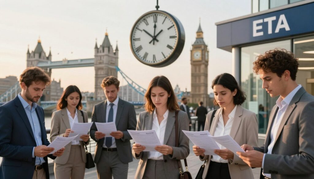 A visually engaging image depicting the importance and validity of the ETA in the United Kingdom. In the foreground, a diverse group of travelers dressed in professional business attire stands in front of a modern UK immigration office, examining their documents thoughtfully. The middle layer features a large, iconic clock showing the sunrise, symbolizing the timely nature of the ETA validity. The background showcases a blend of British landmarks, like the Tower Bridge and Big Ben, bathed in warm morning light, creating an inviting atmosphere. The overall mood is hopeful and informative, highlighting the significance of travel documentation, captured with a slightly elevated perspective, using soft focus to emphasize the characters while maintaining clarity on the landmarks.