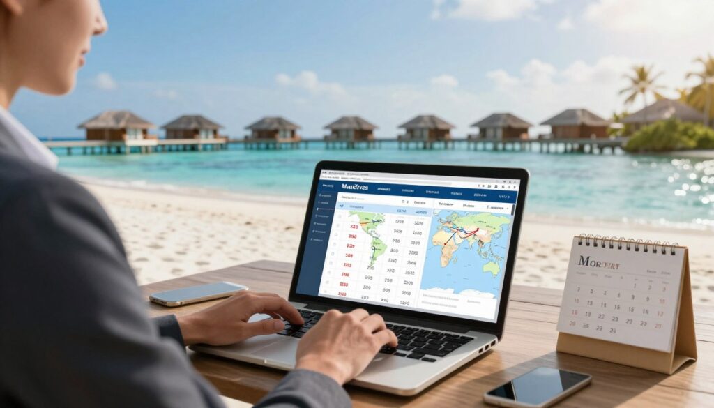 A visually striking composition that showcases a split scene depicting flight prices and ticket bookings for travel to the Maldives. In the foreground, an elegant, business-attired individual engaging with a laptop displaying various flight prices and a world map marked with popular airline routes. In the middle ground, a calendar marked with a highlighted date, symbolizing the ideal booking time. The background features iconic Maldivian elements, such as pristine beaches and overwater bungalows under a clear blue sky. The scene is bathed in warm, welcoming sunlight, creating an inviting atmosphere. Use a wide-angle lens to capture the depth of the setting, emphasizing the harmonious blend of travel opportunity and tropical paradise.
