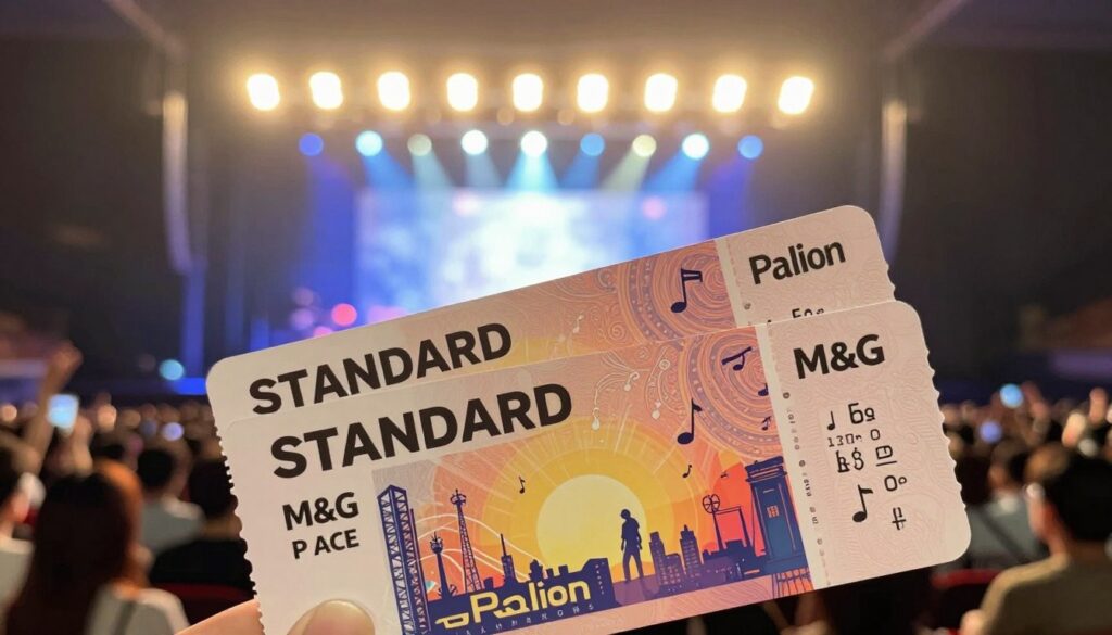 A visually striking image depicting two concert tickets prominently displayed in the foreground, representing the "STANDARD" and "M&G" packages for a Palion concert. The tickets should feature elegant designs with intricate patterns and vibrant colors, showcasing elements like music notes and a silhouette of a concert scene. In the middle ground, a blurred illustration of a lively concert crowd can be seen, capturing the excitement of live music. The background should feature a softly lit stage with lights shining down, creating a warm and inviting atmosphere. The overall mood should convey anticipation and joy, with a focus on the value and experience of concert tickets. The lighting should be bright and colorful, resembling a concert setting, captured with a slight depth of field for visual interest.