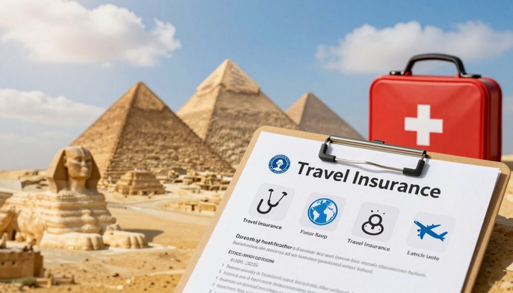 A vivid and informative scene depicting travel insurance for a trip to Egypt. In the foreground, a neatly organized travel insurance document with an official appearance, featuring key icons like a stethoscope, globe, and a plane, symbolizing health and safety. In the middle ground, a tasteful arrangement showcasing popular Egyptian landmarks like the pyramids and the Nile River, along with a first-aid kit to suggest health preparedness. In the background, a bright blue sky with fluffy white clouds casts a warm light, creating an inviting atmosphere. The composition is balanced and harmonious, reflecting a sense of security and tranquility for travelers. The image has a professional and polished look, suitable for informative articles. A vivid and informative scene depicting travel insurance for a trip to Egypt. In the foreground, a neatly organized travel insurance document with an official appearance, featuring key icons like a stethoscope, globe, and a plane, symbolizing health and safety. In the middle ground, a tasteful arrangement showcasing popular Egyptian landmarks like the pyramids and the Nile River, along with a first-aid kit to suggest health preparedness. In the background, a bright blue sky with fluffy white clouds casts a warm light, creating an inviting atmosphere. The composition is balanced and harmonious, reflecting a sense of security and tranquility for travelers. The image has a professional and polished look, suitable for informative articles.