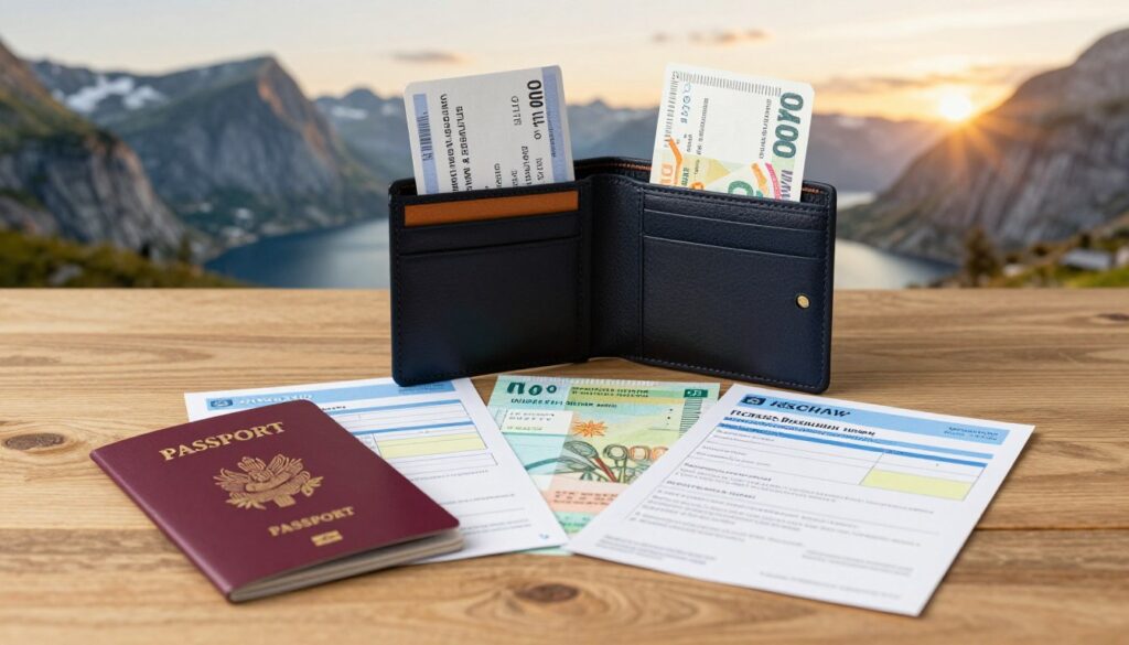 A well-organized travel layout featuring essential additional travel documents for a trip to Norway. In the foreground, a neatly arranged set of passports, travel insurance papers, and vaccination records, all displayed on a stylish wooden table. In the middle, a travel wallet opens to reveal various tickets, itineraries, and a foreign currency exchange receipt. The background includes a blurred image of a Scandinavian landscape, hinting at mountains and fjords under a soft, golden sunset, which adds warmth to the scene. Use soft, natural lighting to evoke a sense of calmness and trustworthiness. The overall mood is one of preparedness and adventure, appealing to travelers. Focus on clarity and detail in the documents while keeping the composition balanced and inviting.