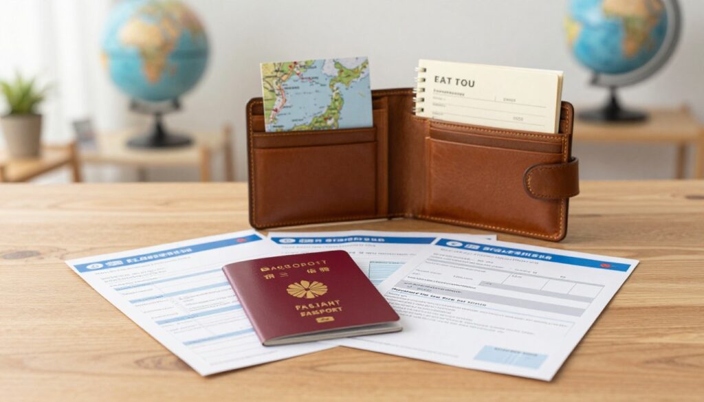 A well-organized travel setup featuring essential documents for Polish tourists planning a trip to Japan. In the foreground, showcase neatly arranged travel documents, including a passport, visa application form, flight tickets, and health insurance papers, laid out on a stylish wooden desk. In the middle ground, include an elegant leather travel wallet opened to reveal additional travel essentials like a map of Japan and bilingual phrasebook. The background should display a soft, inviting travel-themed environment with a globe on a shelf and soft sunlight filtering through a window, creating a warm atmosphere. The image should evoke a sense of readiness and excitement for travel, captured with a shallow depth of field to emphasize the documents while softly blurring the background details.