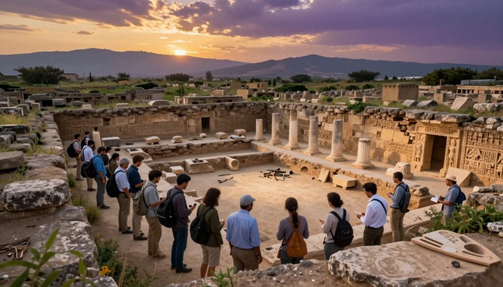 An archaeological team uncovering the ruins of an ancient city, with crumbling stone walls and intricate carvings partially hidden by overgrown vegetation. In the foreground, a diverse group of researchers in professional attire examines the artifacts and structures, their expressions filled with wonder and curiosity. The middle ground features fallen columns and a sunlit excavation pit, showcasing tools scattered around. In the background, a dramatic sky indicates dusk, casting golden and purple hues over distant mountains. Soft, warm lighting illuminates the scene, creating an atmosphere of discovery and historical significance. The perspective is slightly elevated, giving a panoramic view of this remarkable archaeological site, rich in mystery and history. An archaeological team uncovering the ruins of an ancient city, with crumbling stone walls and intricate carvings partially hidden by overgrown vegetation. In the foreground, a diverse group of researchers in professional attire examines the artifacts and structures, their expressions filled with wonder and curiosity. The middle ground features fallen columns and a sunlit excavation pit, showcasing tools scattered around. In the background, a dramatic sky indicates dusk, casting golden and purple hues over distant mountains. Soft, warm lighting illuminates the scene, creating an atmosphere of discovery and historical significance. The perspective is slightly elevated, giving a panoramic view of this remarkable archaeological site, rich in mystery and history.