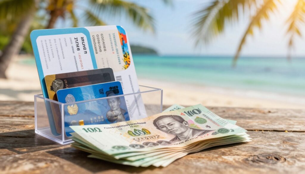 In the foreground, a neatly organized travel essentials display featuring a pile of Thai currency notes, credit cards, and a travel insurance document in a clear plastic holder. In the middle, a partially visible round-trip ticket with vibrant Thai scenery subtly shown on the side. In the background, a picturesque view of a Thai beach with crystal clear water and palm trees under a bright, sunny sky, capturing a sense of adventure and relaxation. The lighting is warm and inviting, with soft shadows to create depth. The overall mood is optimistic and prepared, embodying the essence of planning for a trip to Thailand. The image is captured in a slight overhead angle to showcase the travel items clearly without any people present. In the foreground, a neatly organized travel essentials display featuring a pile of Thai currency notes, credit cards, and a travel insurance document in a clear plastic holder. In the middle, a partially visible round-trip ticket with vibrant Thai scenery subtly shown on the side. In the background, a picturesque view of a Thai beach with crystal clear water and palm trees under a bright, sunny sky, capturing a sense of adventure and relaxation. The lighting is warm and inviting, with soft shadows to create depth. The overall mood is optimistic and prepared, embodying the essence of planning for a trip to Thailand. The image is captured in a slight overhead angle to showcase the travel items clearly without any people present.